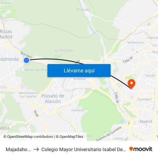 Majadahonda to Colegio Mayor Universitario Isabel De España map