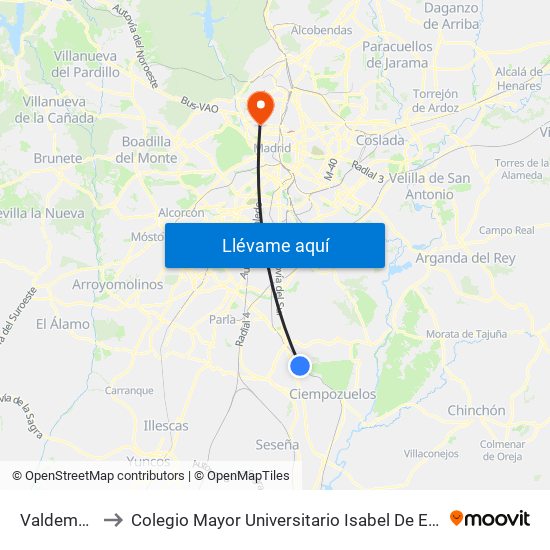 Valdemoro to Colegio Mayor Universitario Isabel De España map