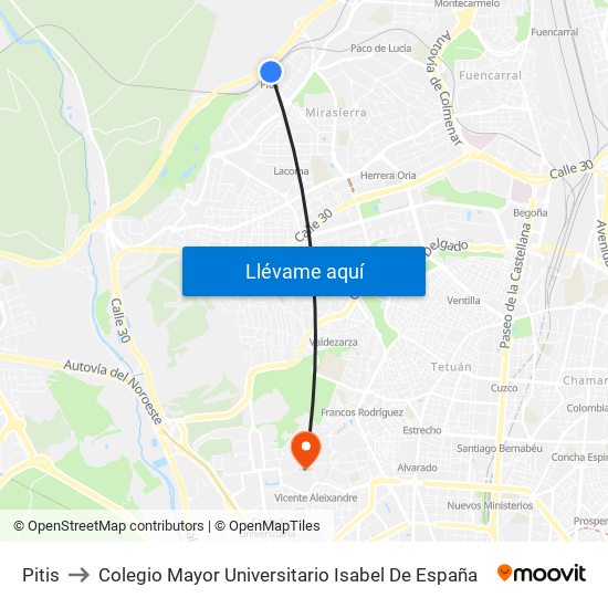Pitis to Colegio Mayor Universitario Isabel De España map