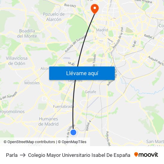 Parla to Colegio Mayor Universitario Isabel De España map