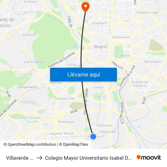 Villaverde Alto to Colegio Mayor Universitario Isabel De España map