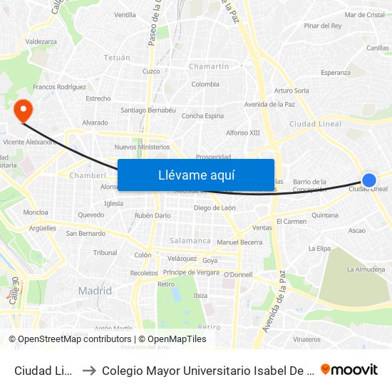 Ciudad Lineal to Colegio Mayor Universitario Isabel De España map