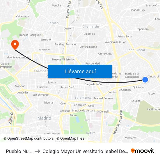 Pueblo Nuevo to Colegio Mayor Universitario Isabel De España map