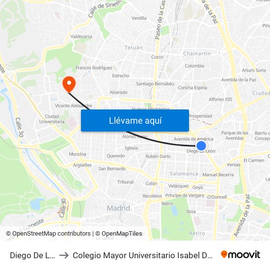 Diego De León to Colegio Mayor Universitario Isabel De España map