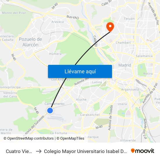 Cuatro Vientos to Colegio Mayor Universitario Isabel De España map