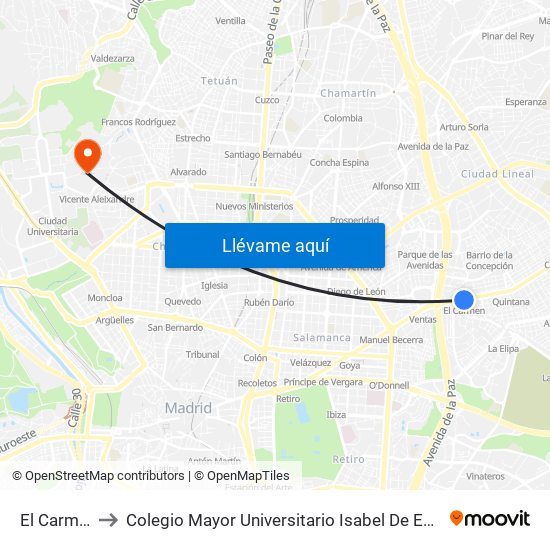 El Carmen to Colegio Mayor Universitario Isabel De España map