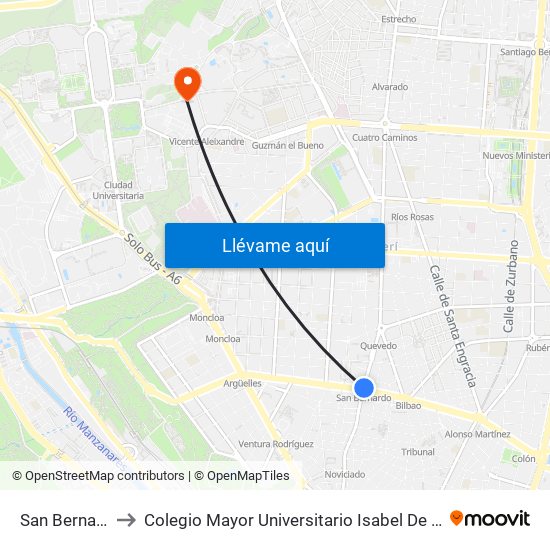 San Bernardo to Colegio Mayor Universitario Isabel De España map