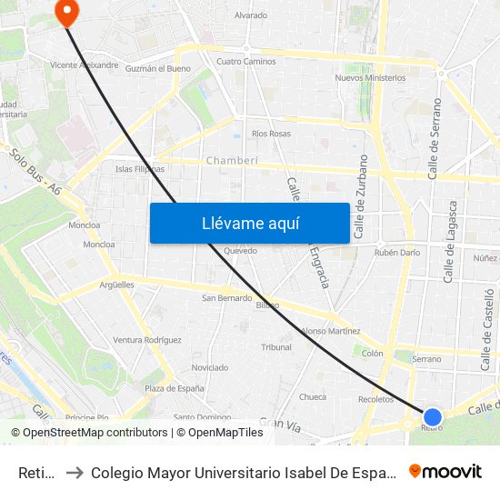 Retiro to Colegio Mayor Universitario Isabel De España map