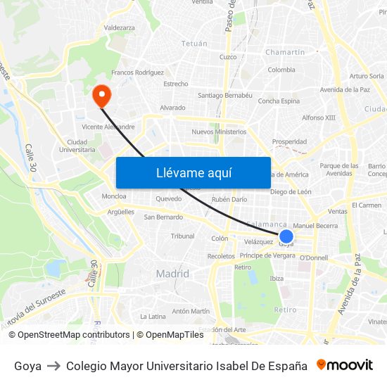 Goya to Colegio Mayor Universitario Isabel De España map