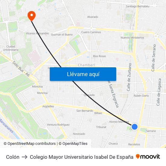 Colón to Colegio Mayor Universitario Isabel De España map