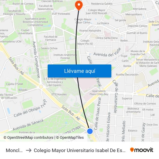 Moncloa to Colegio Mayor Universitario Isabel De España map