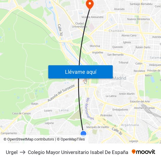 Urgel to Colegio Mayor Universitario Isabel De España map