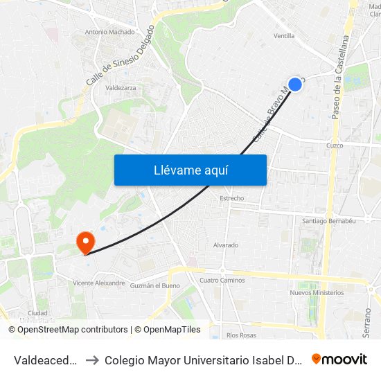 Valdeacederas to Colegio Mayor Universitario Isabel De España map