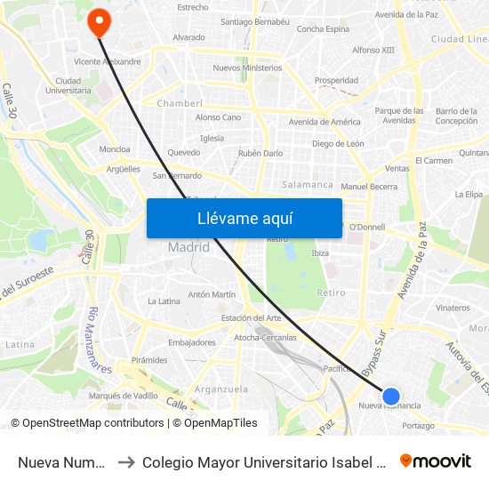 Nueva Numancia to Colegio Mayor Universitario Isabel De España map