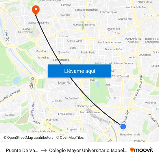 Puente De Vallecas to Colegio Mayor Universitario Isabel De España map