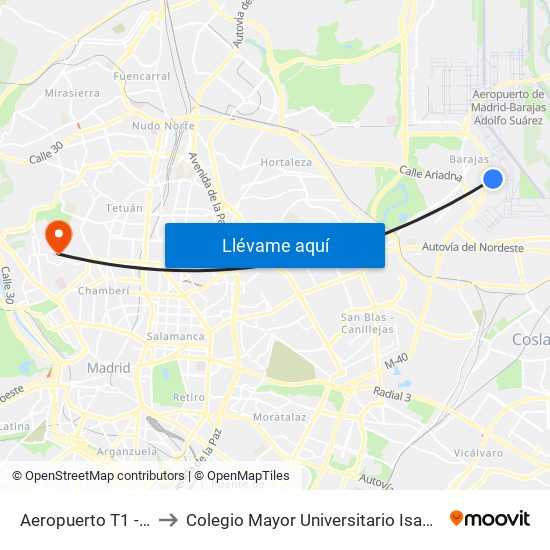 Aeropuerto T1 - T2 - T3 to Colegio Mayor Universitario Isabel De España map