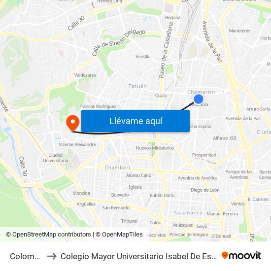 Colombia to Colegio Mayor Universitario Isabel De España map