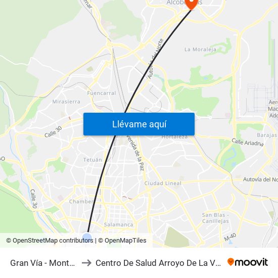 Gran Vía - Montera to Centro De Salud Arroyo De La Vega map