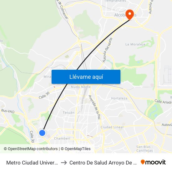 Metro Ciudad Universitaria to Centro De Salud Arroyo De La Vega map