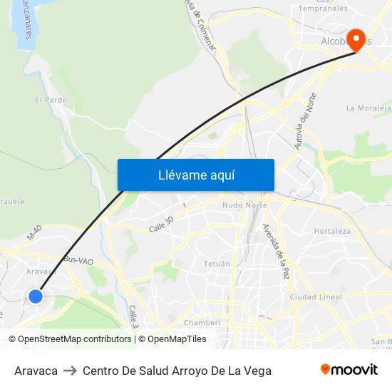 Aravaca to Centro De Salud Arroyo De La Vega map