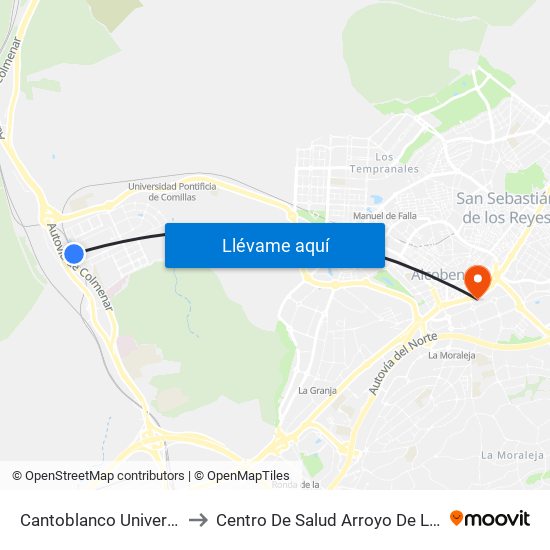 Cantoblanco Universidad to Centro De Salud Arroyo De La Vega map