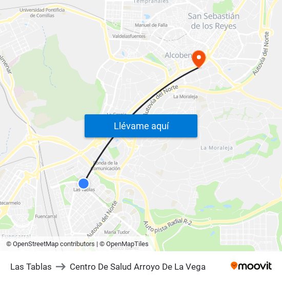 Las Tablas to Centro De Salud Arroyo De La Vega map
