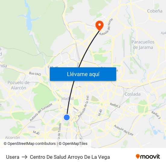 Usera to Centro De Salud Arroyo De La Vega map
