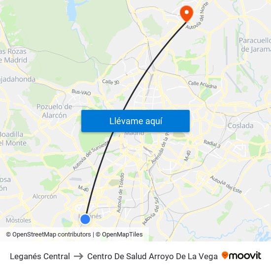 Leganés Central to Centro De Salud Arroyo De La Vega map