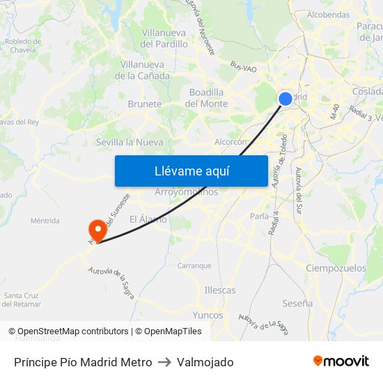 Príncipe Pío Madrid Metro to Valmojado map