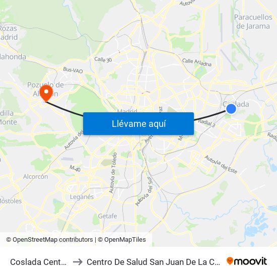 Coslada Central to Centro De Salud San Juan De La Cruz map