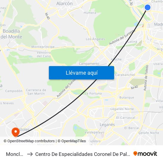 Moncloa to Centro De Especialidades Coronel De Palma map