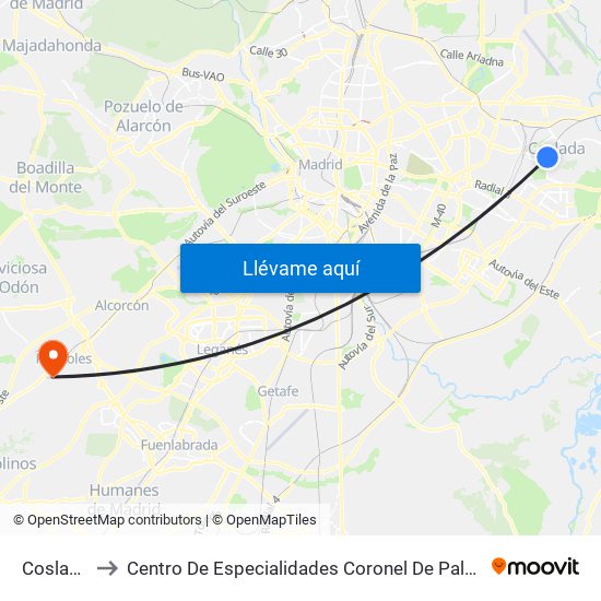 Coslada to Centro De Especialidades Coronel De Palma map