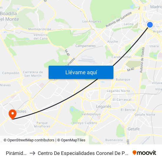Pirámides to Centro De Especialidades Coronel De Palma map