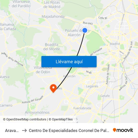 Aravaca to Centro De Especialidades Coronel De Palma map