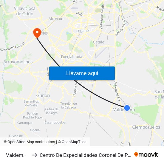 Valdemoro to Centro De Especialidades Coronel De Palma map