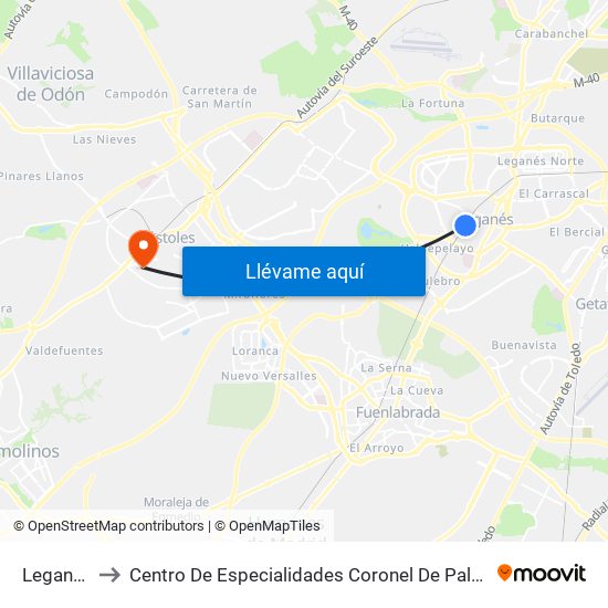 Leganés to Centro De Especialidades Coronel De Palma map