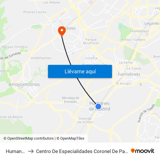 Humanes to Centro De Especialidades Coronel De Palma map