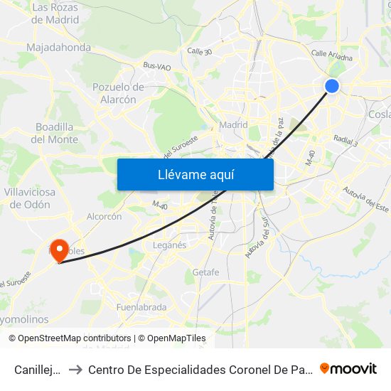 Canillejas to Centro De Especialidades Coronel De Palma map