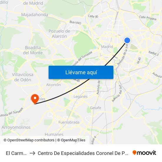 El Carmen to Centro De Especialidades Coronel De Palma map
