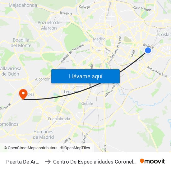 Puerta De Arganda to Centro De Especialidades Coronel De Palma map