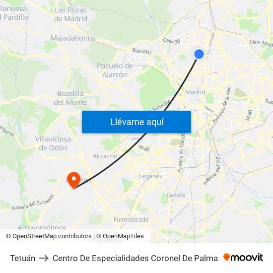 Tetuán to Centro De Especialidades Coronel De Palma map