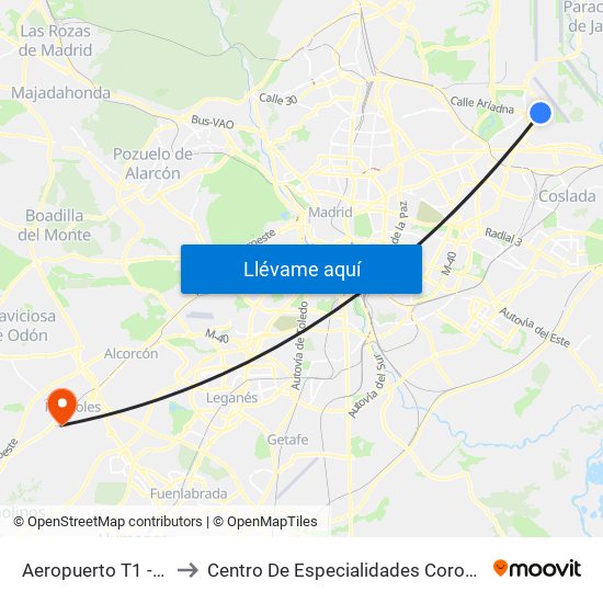 Aeropuerto T1 - T2 - T3 to Centro De Especialidades Coronel De Palma map