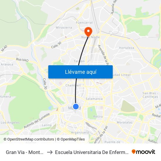 Gran Vía - Montera to Escuela Universitaria De Enfermería map