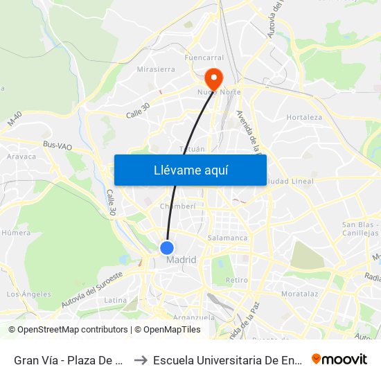 Gran Vía - Plaza De España to Escuela Universitaria De Enfermería map