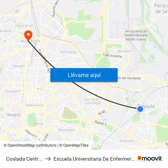 Coslada Central to Escuela Universitaria De Enfermería map