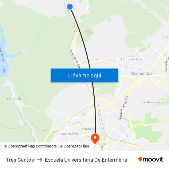 Tres Cantos to Escuela Universitaria De Enfermería map