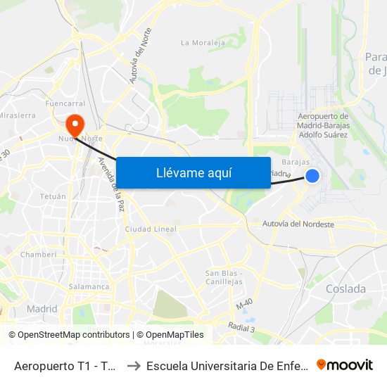 Aeropuerto T1 - T2 - T3 to Escuela Universitaria De Enfermería map