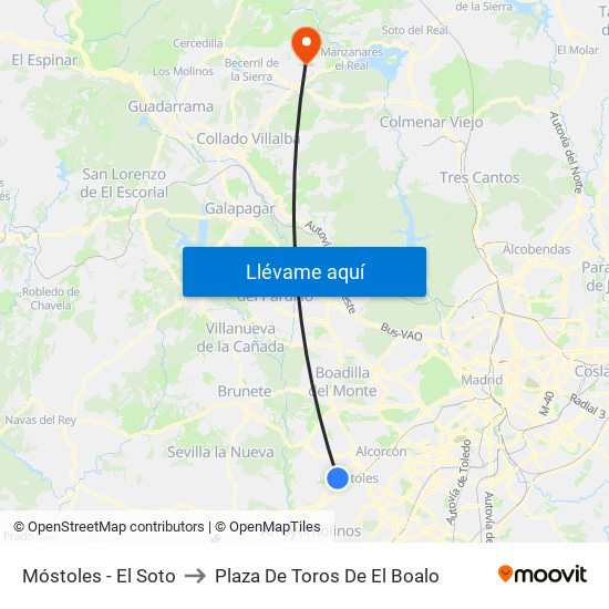 Móstoles - El Soto to Plaza De Toros De El Boalo map