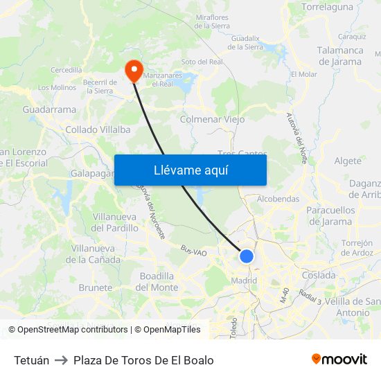 Tetuán to Plaza De Toros De El Boalo map