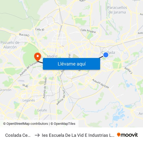 Coslada Central to Ies Escuela De La Vid E Industrias Lácteas map